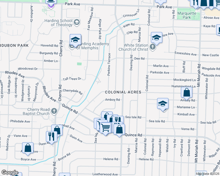 map of restaurants, bars, coffee shops, grocery stores, and more near 1270 Perkins Terrace in Memphis