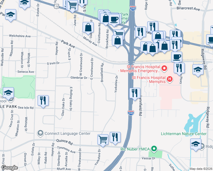 map of restaurants, bars, coffee shops, grocery stores, and more near 1272 Brookfield Road in Memphis