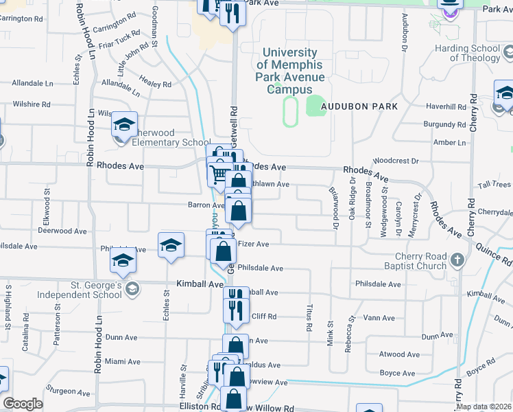 map of restaurants, bars, coffee shops, grocery stores, and more near 1282 Dogwood Drive in Memphis