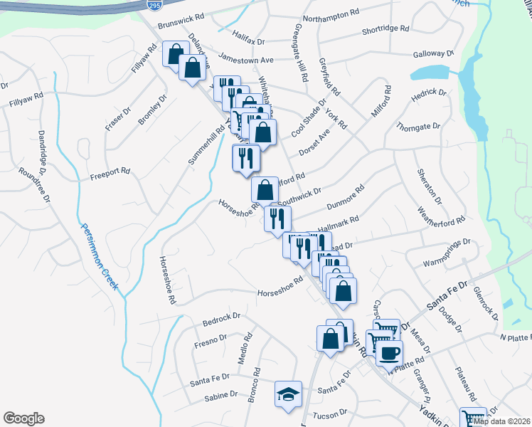 map of restaurants, bars, coffee shops, grocery stores, and more near 6051 Yadkin Road in Fayetteville