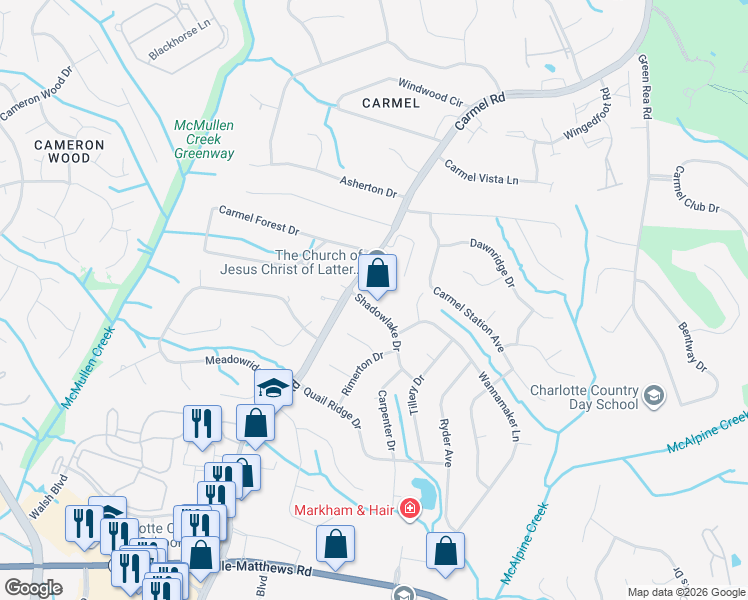 map of restaurants, bars, coffee shops, grocery stores, and more near 7328 Shadowlake Drive in Charlotte