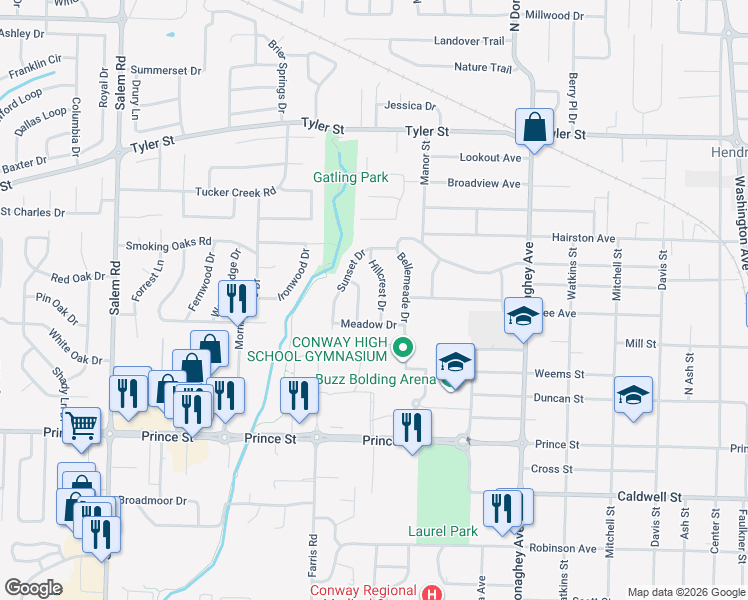 map of restaurants, bars, coffee shops, grocery stores, and more near 1307 Hillcrest Drive in Conway