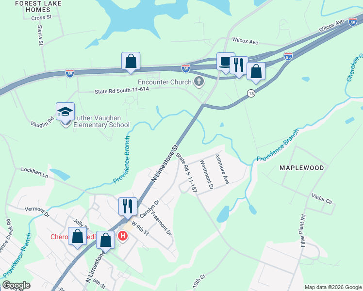 map of restaurants, bars, coffee shops, grocery stores, and more near 1812 North Limestone Street in Gaffney