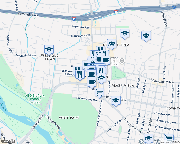 map of restaurants, bars, coffee shops, grocery stores, and more near 310 Rio Grande Boulevard Northwest in Albuquerque