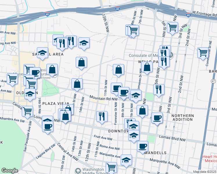 map of restaurants, bars, coffee shops, grocery stores, and more near 1104 1/2 11th Street Northwest in Albuquerque