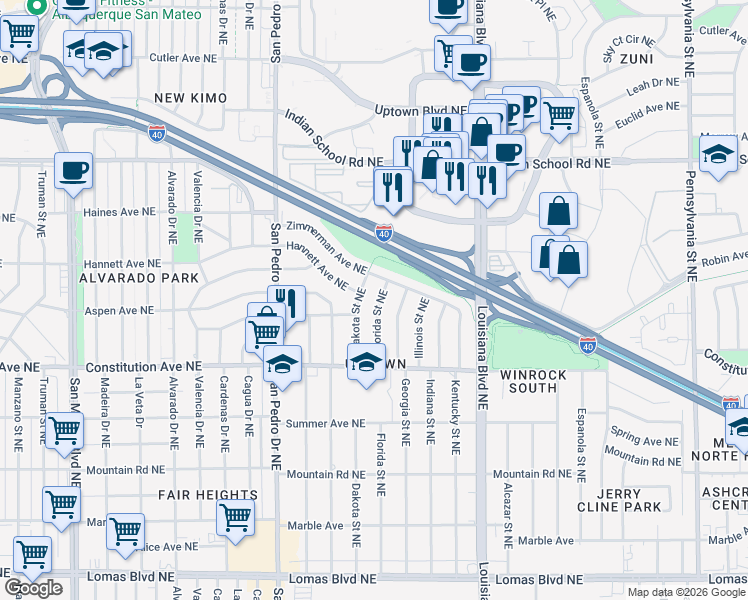 map of restaurants, bars, coffee shops, grocery stores, and more near 1853 Florida Street Northeast in Albuquerque
