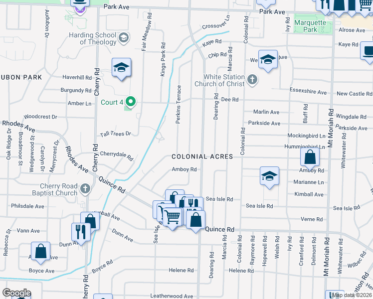 map of restaurants, bars, coffee shops, grocery stores, and more near 1270 Perkins Terrace in Memphis
