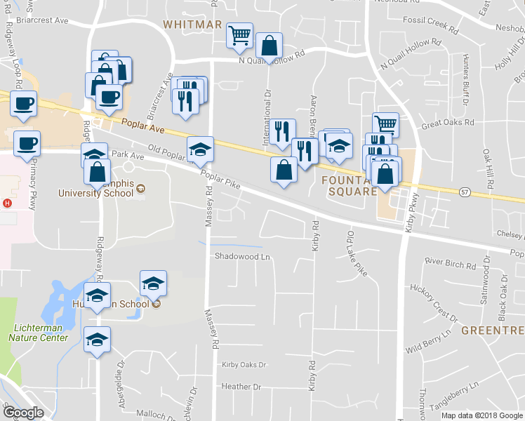 map of restaurants, bars, coffee shops, grocery stores, and more near 1905 West Oak Shadows Circle in Memphis