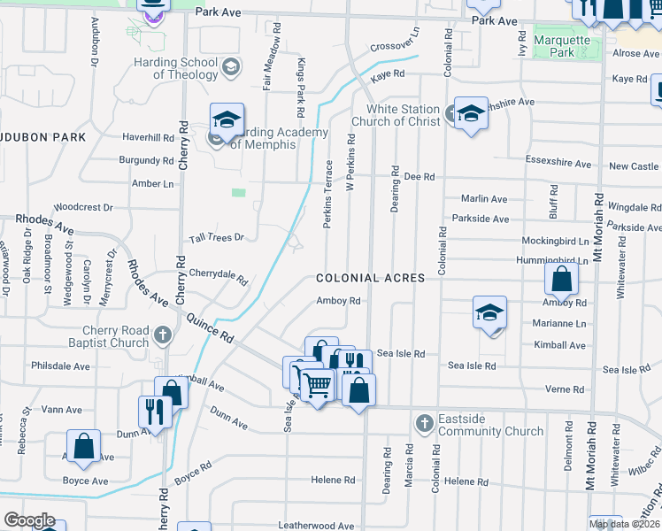 map of restaurants, bars, coffee shops, grocery stores, and more near 1270 Perkins Terrace in Memphis