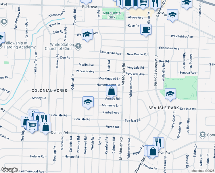 map of restaurants, bars, coffee shops, grocery stores, and more near 4915 Hummingbird Lane in Memphis