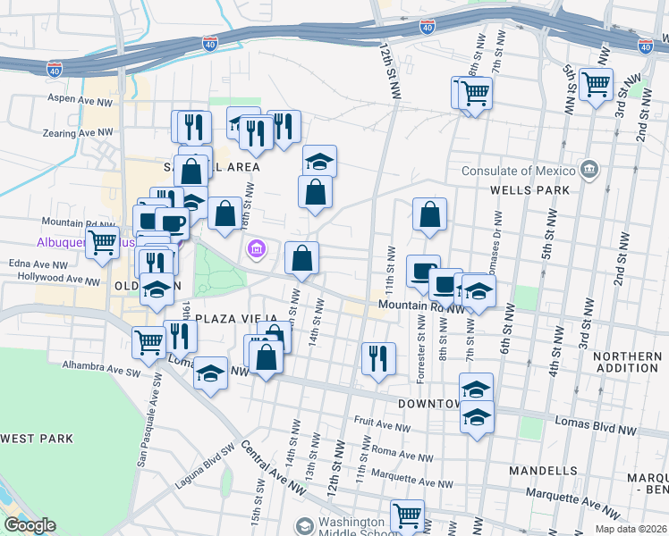 map of restaurants, bars, coffee shops, grocery stores, and more near 1311 Claire Court Northwest in Albuquerque