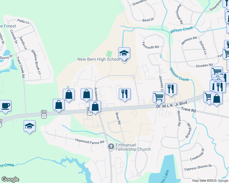 map of restaurants, bars, coffee shops, grocery stores, and more near 4218 Arbor Green Way in New Bern