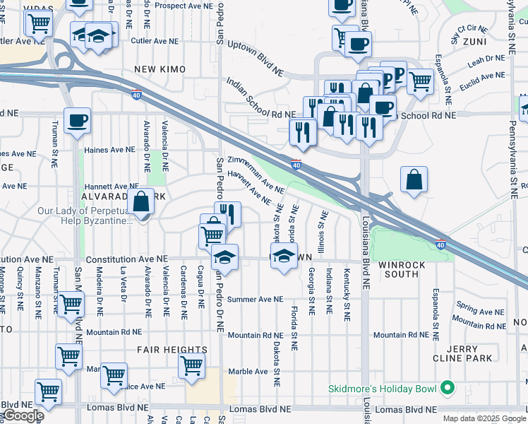 map of restaurants, bars, coffee shops, grocery stores, and more near 6043 Aspen Avenue Northeast in Albuquerque