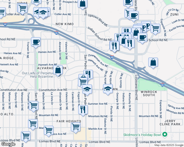 map of restaurants, bars, coffee shops, grocery stores, and more near 6018 Aspen Avenue Northeast in Albuquerque