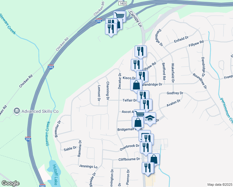 map of restaurants, bars, coffee shops, grocery stores, and more near 287 Decatur Drive in Fayetteville