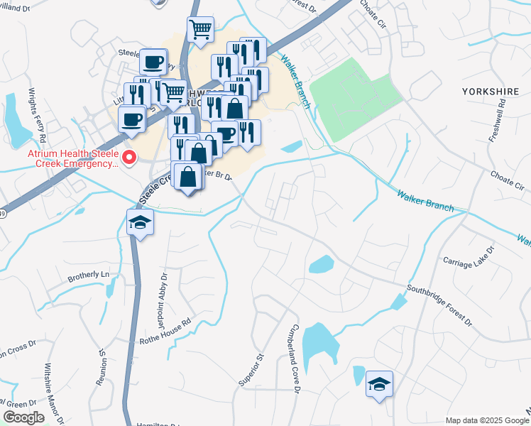 map of restaurants, bars, coffee shops, grocery stores, and more near 12509 Crown Park Court in Charlotte