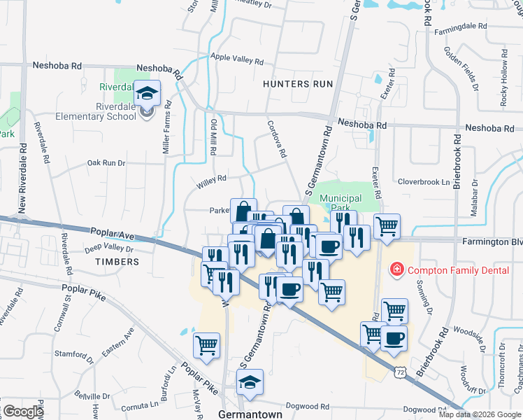 map of restaurants, bars, coffee shops, grocery stores, and more near 7604 Ashworth Rd in Germantown
