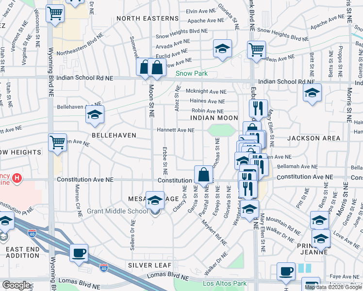 map of restaurants, bars, coffee shops, grocery stores, and more near 1519 Clancy Dr NE in Albuquerque
