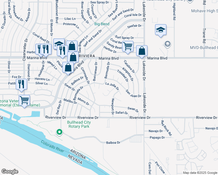 map of restaurants, bars, coffee shops, grocery stores, and more near 2159 Redwood Cove in Bullhead City