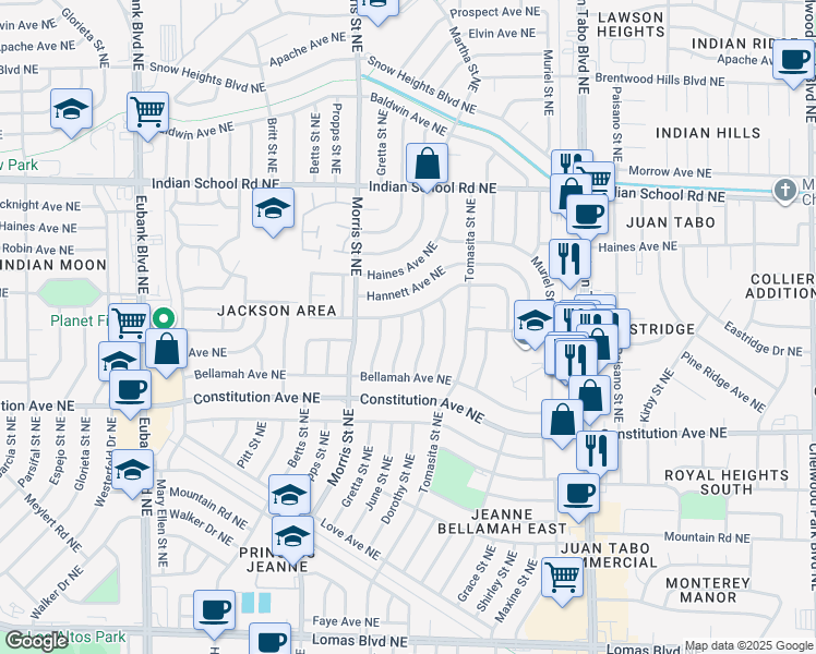 map of restaurants, bars, coffee shops, grocery stores, and more near 1516 June Street Northeast in Albuquerque