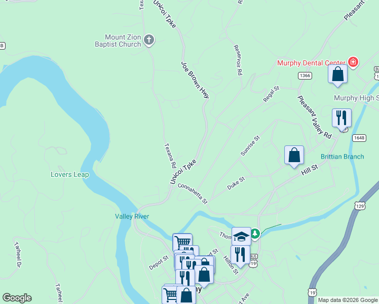 map of restaurants, bars, coffee shops, grocery stores, and more near 881 Unicoi Turnpike in Murphy