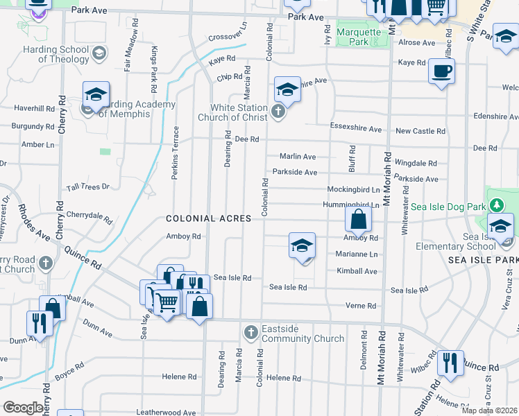 map of restaurants, bars, coffee shops, grocery stores, and more near 1269 Colonial Road in Memphis