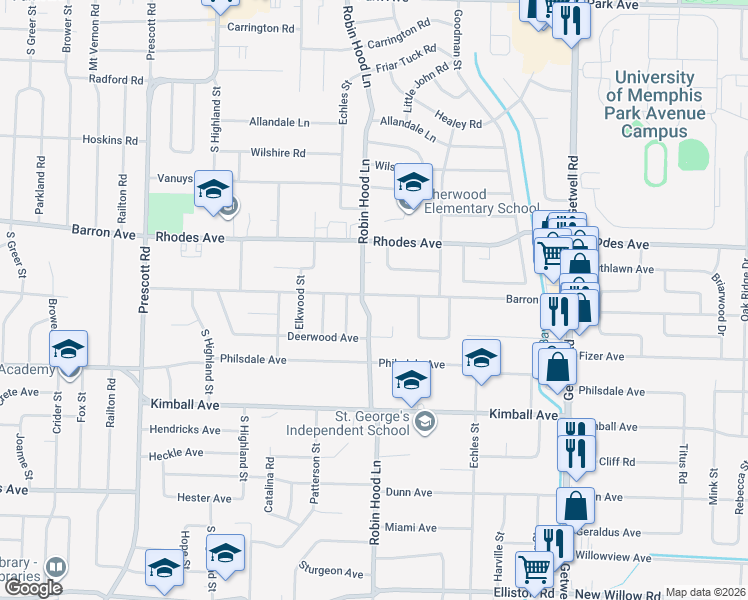 map of restaurants, bars, coffee shops, grocery stores, and more near 3675 Barron Avenue in Memphis