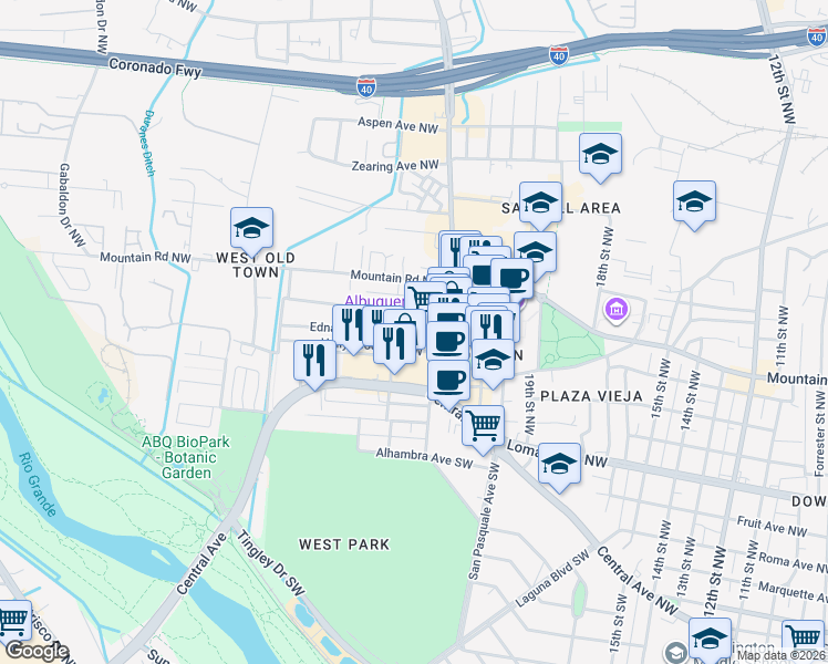 map of restaurants, bars, coffee shops, grocery stores, and more near 2129 Edna Avenue Northwest in Albuquerque