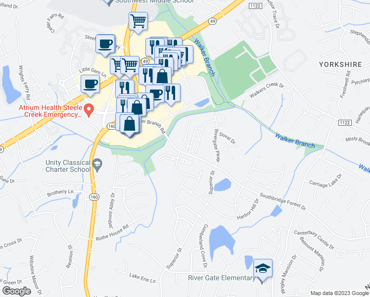 map of restaurants, bars, coffee shops, grocery stores, and more near 14535 Steele Creek Road in Charlotte