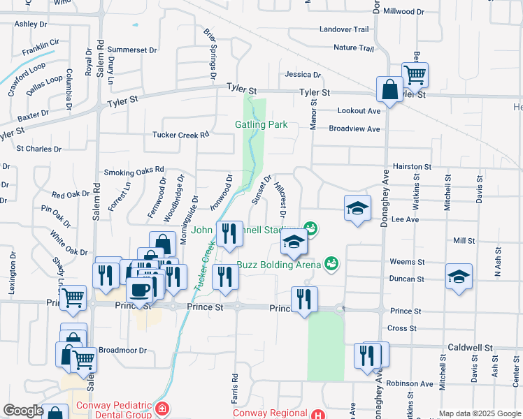 map of restaurants, bars, coffee shops, grocery stores, and more near 1307 Bellaire Drive in Conway