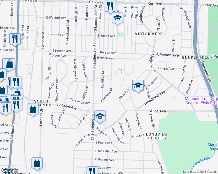 map of restaurants, bars, coffee shops, grocery stores, and more near 1827 South Orleans Street in Memphis