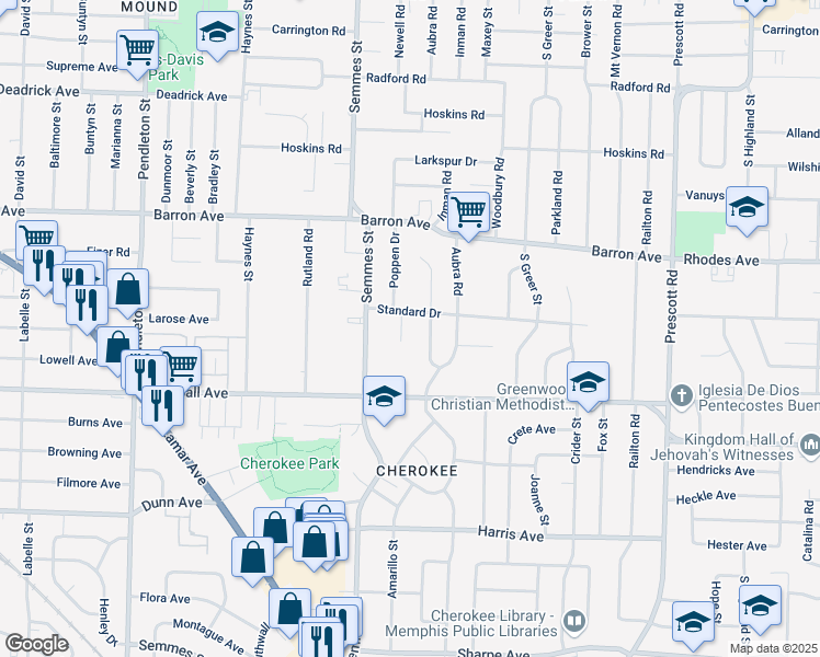 map of restaurants, bars, coffee shops, grocery stores, and more near 1268 Poppen Drive in Memphis