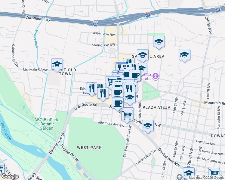 map of restaurants, bars, coffee shops, grocery stores, and more near 315 Rio Grande Boulevard Northwest in Albuquerque