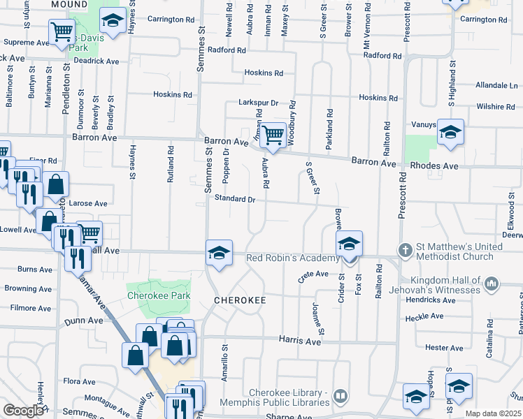 map of restaurants, bars, coffee shops, grocery stores, and more near 1267 Aubra Road in Memphis