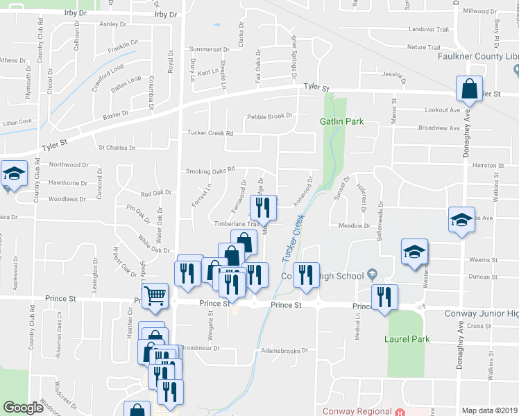 map of restaurants, bars, coffee shops, grocery stores, and more near 16 Woodbridge Drive in Conway
