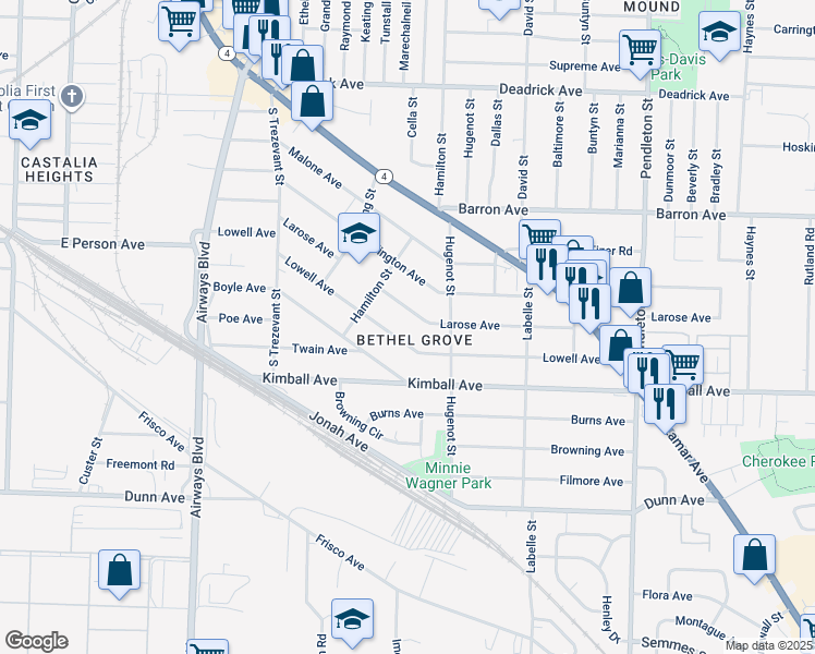 map of restaurants, bars, coffee shops, grocery stores, and more near 2523 Larose Avenue in Memphis