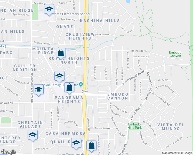 map of restaurants, bars, coffee shops, grocery stores, and more near 1604 Cullen Lane Northeast in Albuquerque