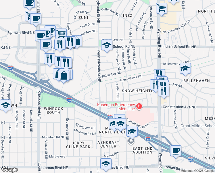 map of restaurants, bars, coffee shops, grocery stores, and more near 1408 Rhode Island Street Northeast in Albuquerque