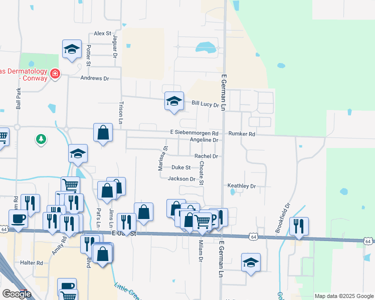 map of restaurants, bars, coffee shops, grocery stores, and more near 1415 Ola Street in Conway