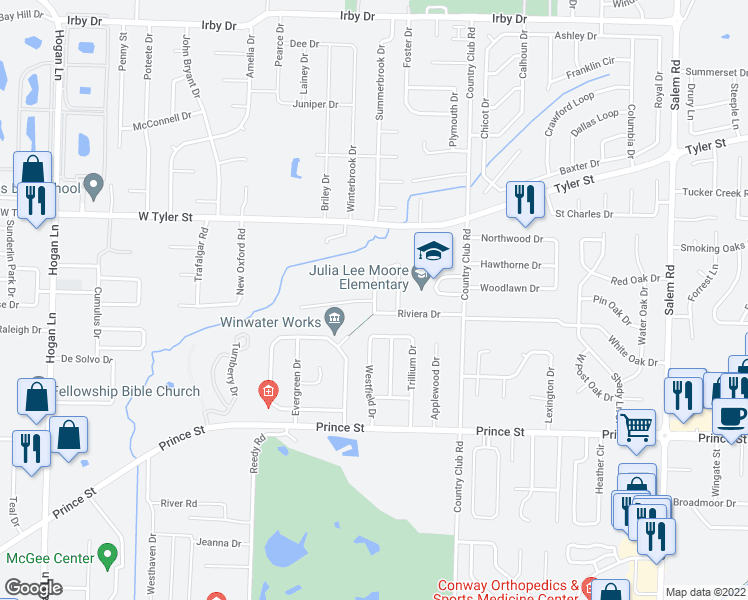 map of restaurants, bars, coffee shops, grocery stores, and more near 14 Riviera Drive in Conway