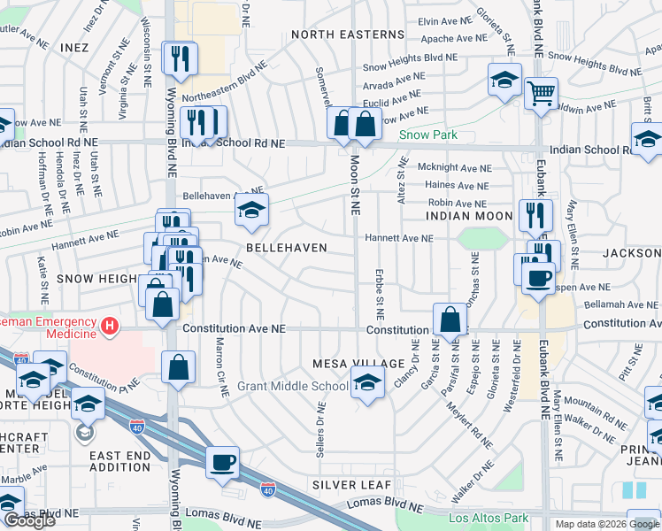 map of restaurants, bars, coffee shops, grocery stores, and more near 9021 Atkinson Place Northeast in Albuquerque