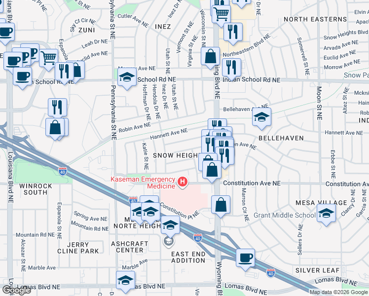 map of restaurants, bars, coffee shops, grocery stores, and more near 8019 Aspen Avenue Northeast in Albuquerque