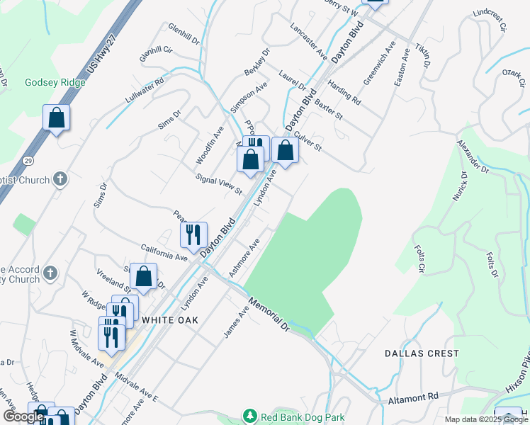 map of restaurants, bars, coffee shops, grocery stores, and more near 2410 Lyndon Avenue in Chattanooga