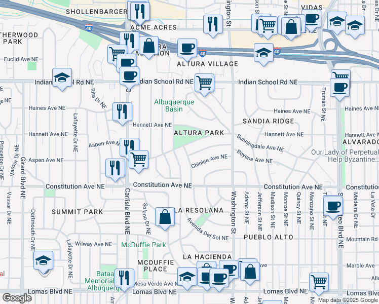map of restaurants, bars, coffee shops, grocery stores, and more near 4201 Royene Avenue Northeast in Albuquerque