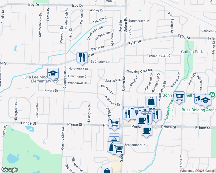 map of restaurants, bars, coffee shops, grocery stores, and more near 4 Pin Oak Drive in Conway