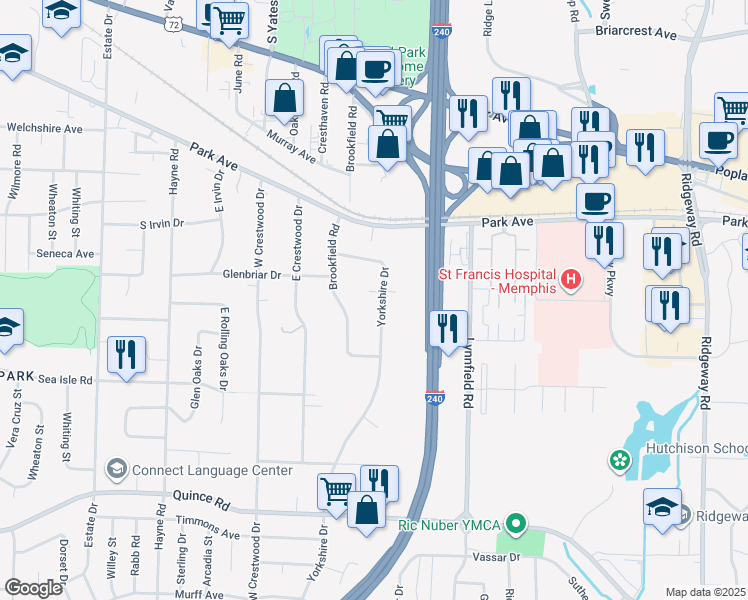 map of restaurants, bars, coffee shops, grocery stores, and more near 1261 Yorkshire Drive in Memphis