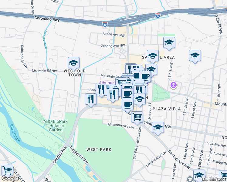 map of restaurants, bars, coffee shops, grocery stores, and more near 2129 Edna Avenue Northwest in Albuquerque