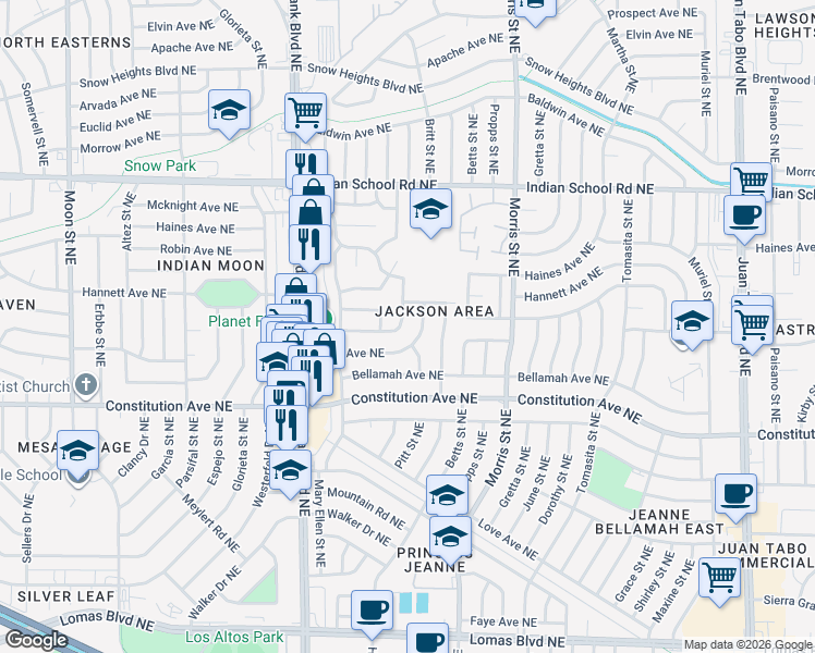 map of restaurants, bars, coffee shops, grocery stores, and more near 10516 Princess Jeanne Avenue Northeast in Albuquerque