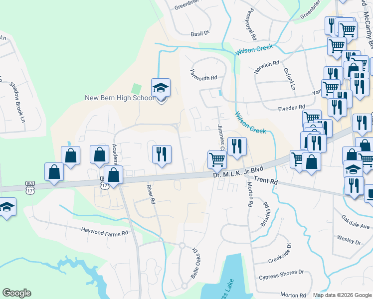 map of restaurants, bars, coffee shops, grocery stores, and more near 3000 Academic Drive in New Bern