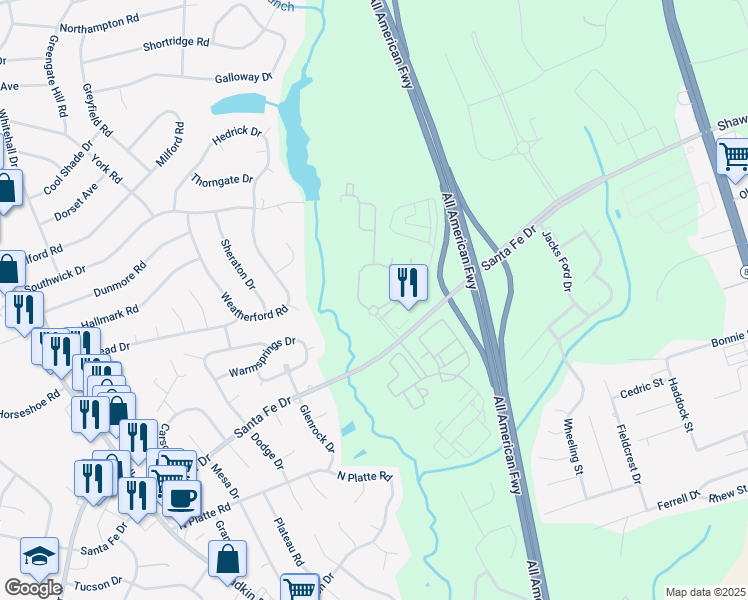 map of restaurants, bars, coffee shops, grocery stores, and more near 3050 Plantation Garden Boulevard in Fayetteville